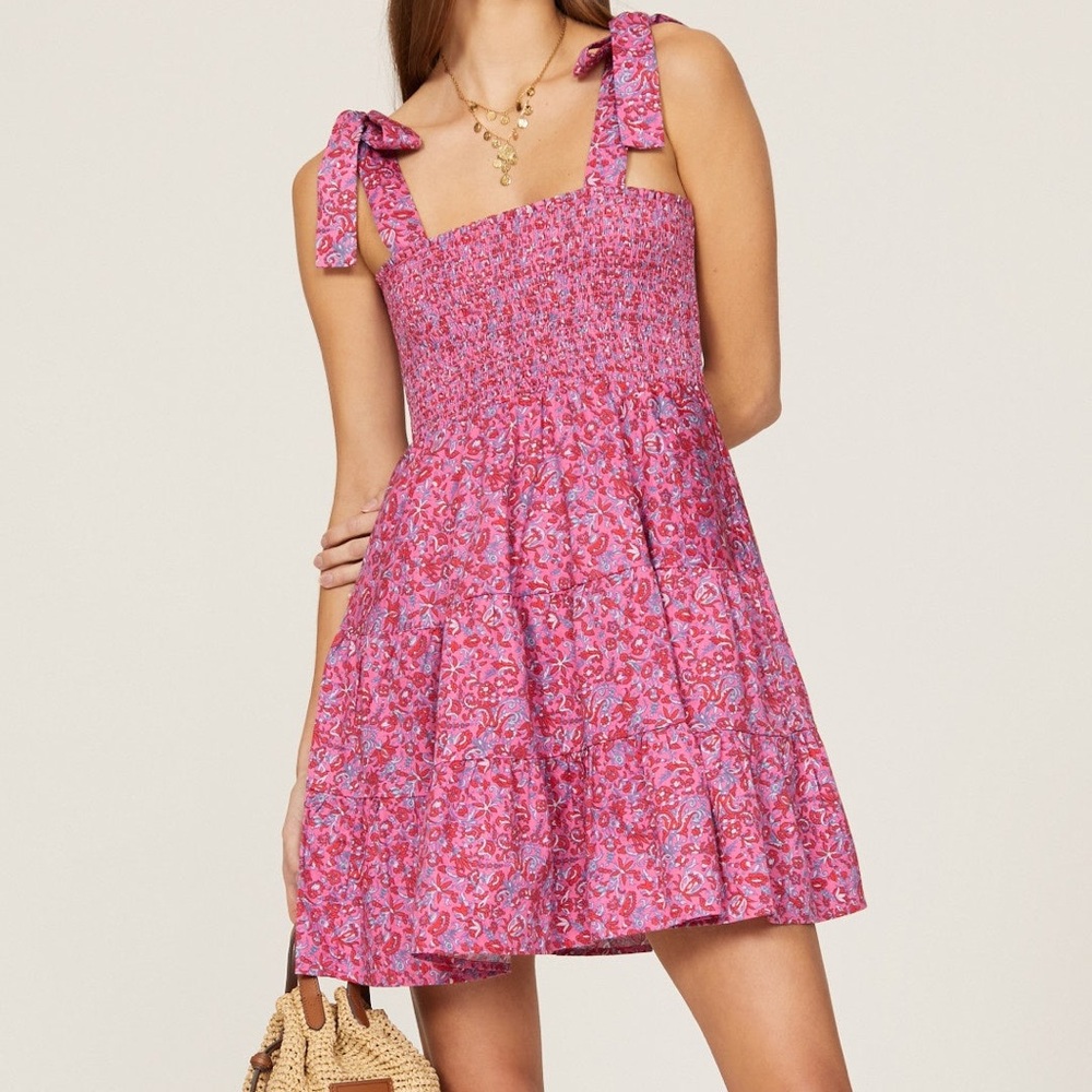 XIRENA Lori Smocked Mini Dress Size XS Floral Tie Babydoll Pink